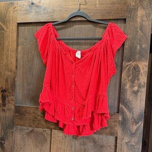 We The Free Red Ruffled Button-Front Blouse